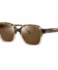 ENNY Sonnenbrille Sonnenstrahl mit großer eckiger Form für Damen, Farbe Grün meliert und transparentes Rosé mit braunen Gläsern, Produktbild, Schrägansicht