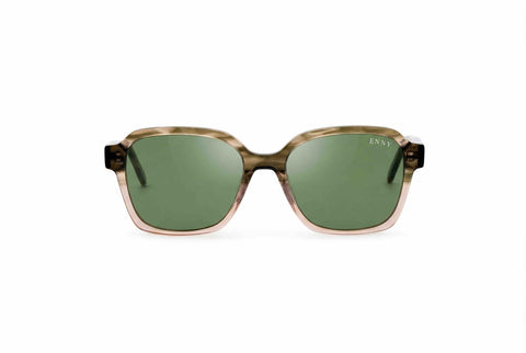 ENNY Sonnenbrille Sonnenstrahl mit eckigen Gläsern für Damen, Farbe Braun-Grün-Nude transparent mit grünen Gläsern, Produktfoto frontal
