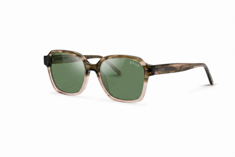 ENNY Sonnenbrille Sonnenstrahl mit eckigen Gläsern für Damen, Farbe Braun-Grün-Nude transparent mit grünen Gläsern, Produktfoto seitlich